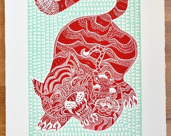 Tiger Mama Linoldruck : Zweifarbige Volkskunst, handgepresste Auflage, Tiger, SE asiatische Kunst,
