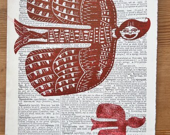 What If You Fly Print: Handgeschnitzte Linolmalerei auf Vintage-Wörterbuch-Seite