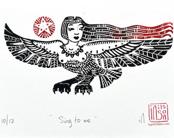 Linolschnitt „Sirene“ mit dem Titel „Sing to me“, handgeschnitzt und gepresst in meinem Atelier in Schottland.