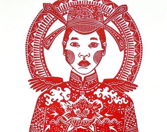 Khai Dinh Linoldruck: Rotes Porträt des Vietnamesischen Kaisers, SE Asiens Kunst