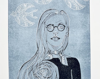 Limited Edition Linoldruck: Cecile, Handgeschnitzte Reliefkunst