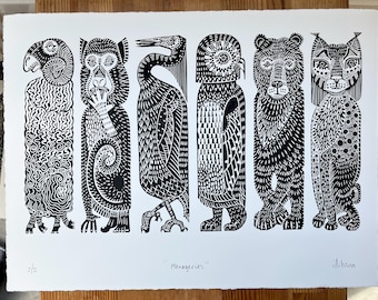 Handgeschnitzter Linolschnitt: Menagerie Relief Art