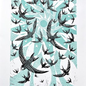 Linocut Bird Print: Swifts in Flight, handprinted on Somerset paper, designed by me Duck egg and black