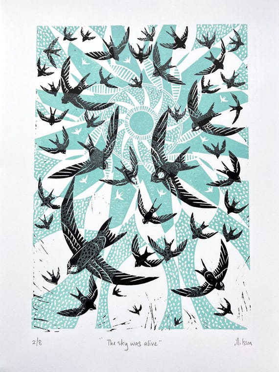 Linocut Bird Print: Swifts in Flight, handprinted on Somerset paper, designed by me
