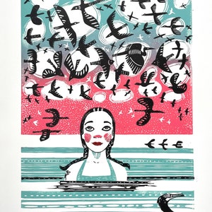 The Magic - hand designed, carved and printed lino print by Ingrid Nilsson, sea swim, birds, wild swim, outdoors, swimmer, linoleum print