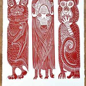 Menageries (A4 red) - hand designed, carved and pressed linoleum print, ideal gift for individual art lover, menagerie, relief print,