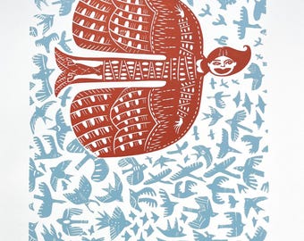 Was ist wenn du fliegst? Handgefertigter Linoldruck: Volkskunst Illustration, handbedruckt, Linoleum