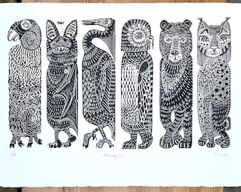 Handgeschnitzter Linolschnitt: Menagerie Relief Art