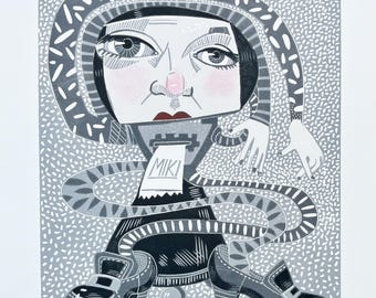 MIKI Roboter Linoldruck: Handgefertigte Volkskunst-Kunstdruck