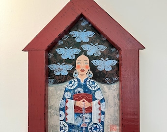 Mischa’s House: handgemaltes Bild auf Birke mit handgedruckten Motiven, rustikaler Holzrahmen