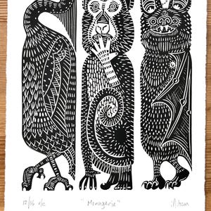 Menageries (A4 black) - hand designed, carved and pressed linoleum print, ideal gift for individual art lover, menagerie, relief print,