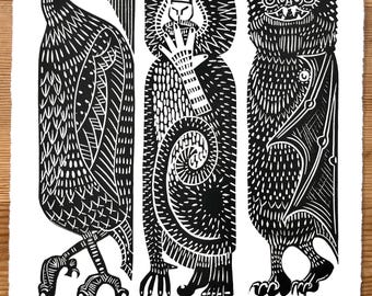 Handgeschnitzter Linoldruck: Menagerie Relief Art (A4 Schwarz)