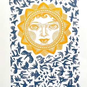 Song of the morning - hand designed, carved and pressed linoleum print, ideal gift for individual art and design lover