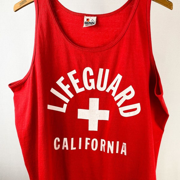 Original 90s California Lifeguard Red Tank Top | Signal Mega-Tee | Made in USA | Single Stitch | Beach Vibes | Sun Sand Surf | Streetwear