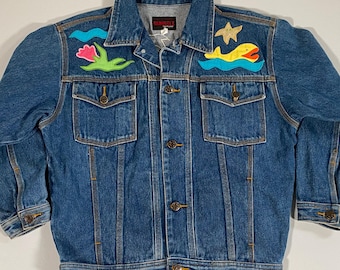 90er Jahre Sunbelt Ocean-Themed Applikationen Jeansjacke - L - Vintage Jeansjacke verziert