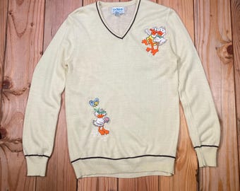 Suéter acrílico con cuello en V, estilo kitsch vintage de los años 70, con bordado de patos - Talla pequeña