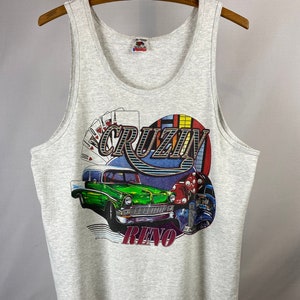 1994 Crusin Reno Nevada Tank Top | 90s Vintage Grafik Muskelshirt | Hergestellt in den USA | Einzelstich | Oldtimer | Warme Sommer Strand Vibes