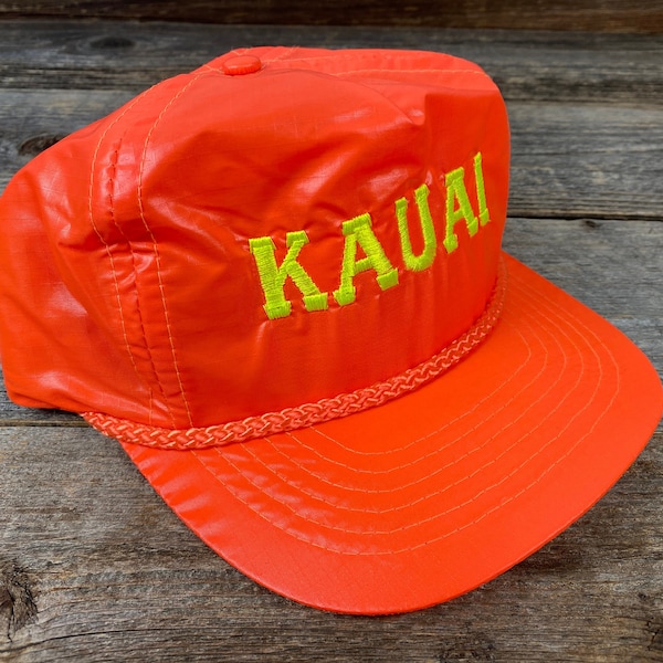 Vintage Embroidered Snapback Hat | KAUAI | 1980s 1990s | Neon Orange | Deadstock