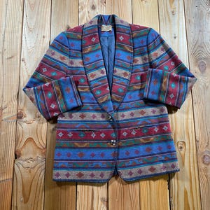 Vintage 1980s Pendleton Knockabouts Wool Southwestern Striped Blanket Blazer Coat - Women's Size 10