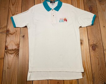 Vintage jaren 90 Disney Originals poloshirt Caribbean Beach Resort – wit en blauwgroen, maat XL