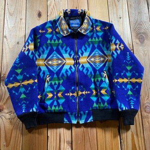 Vintage 90s Pendleton Blue "Maize Spirit" Lakota Southwestern Wool Blanket Bomber Jacket - Large