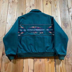 Vintage Pendleton High Grade Western Wear Spruce Green Wool Blanket Jacket - Buffalo / Bison Motif