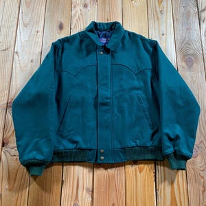 Vintage Pendleton High Grade Western Wear Spruce Green Wool Blanket Jacket - Buffalo / Bison Motif
