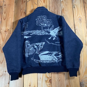 Chaqueta bomber vintage de lana Pendleton Beaver State con estampado de patos ánade real y aves acuáticas, color azul marino, fabricada en EE. UU.