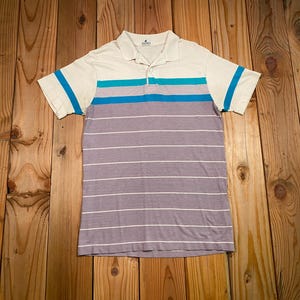 Vintage 1980s Jockey Striped Polo Shirt – Made in USA, Pastel Purple and Teal, Size Large