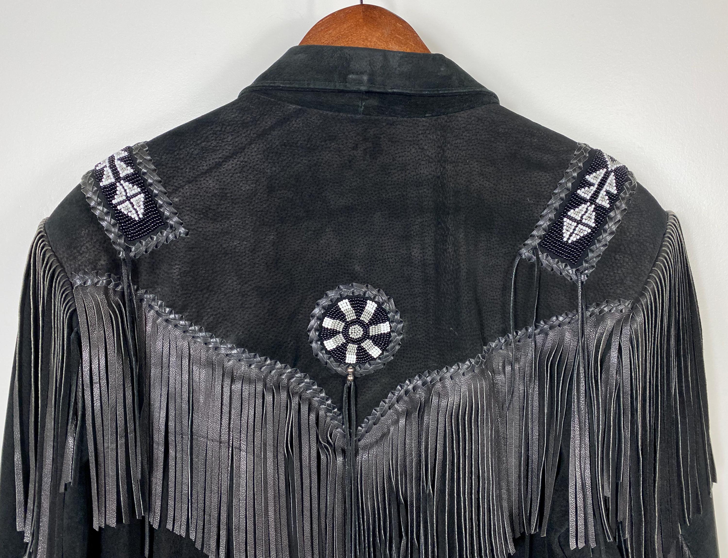 Vintage Black Suede Fringe Leather Jacket Beaded Western Wear