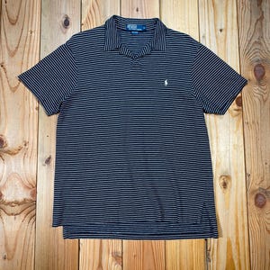 90s Polo Ralph Lauren Black Striped Short Sleeve / 1990s Vintage Preppy RL Shirt / Men's Medium