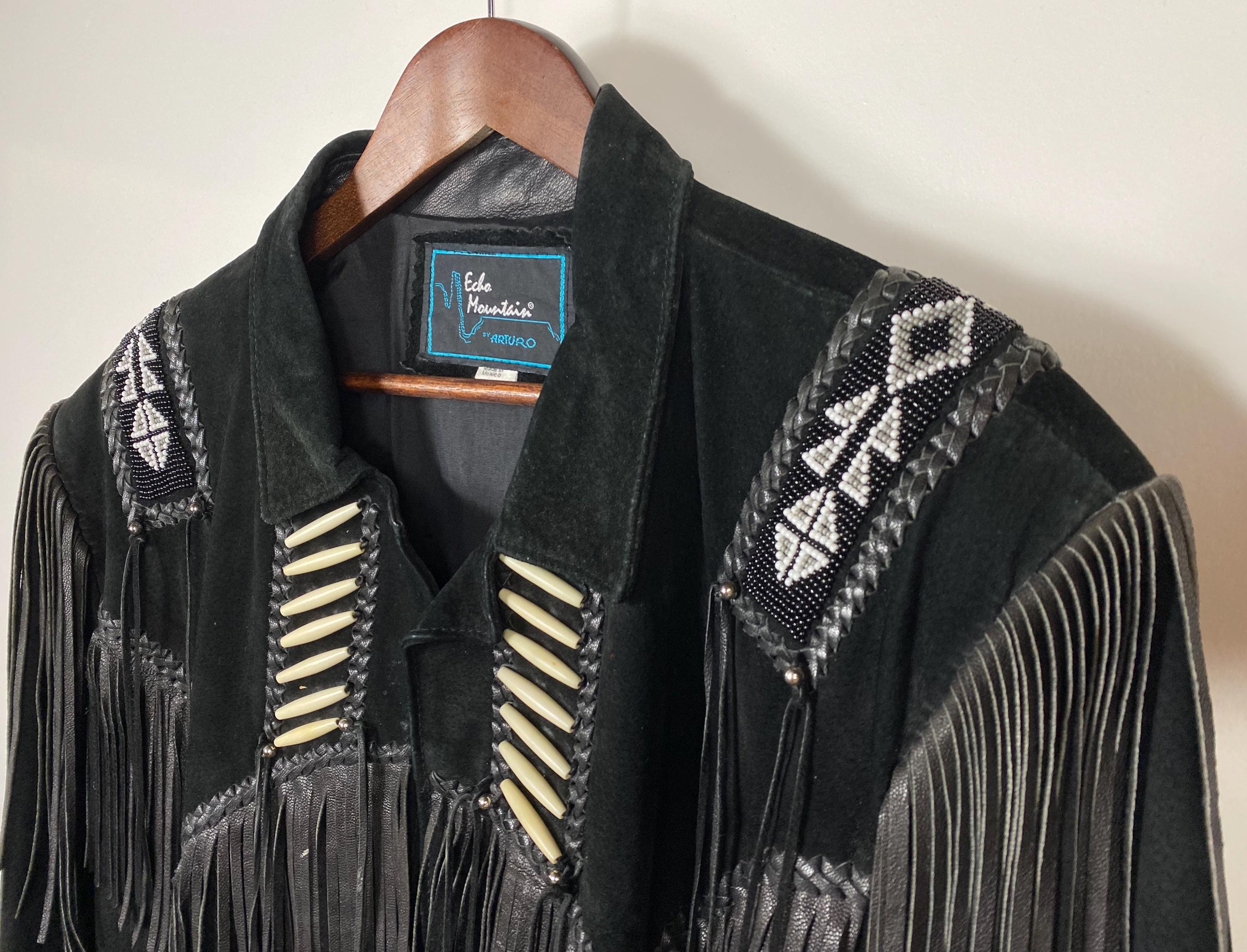 Vintage 90s Echo Mountain Black Suede Fringe Leather Jacket