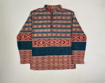 Vintage 90s Aztec Jacquard Henley Pullover, Southwestern Geometric Cotton Shirt