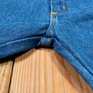 May include: Close-up of blue denim jeans. The jeans have yellow stitching and are on a wooden surface. The fabric is a medium wash denim, showing the texture of the material.