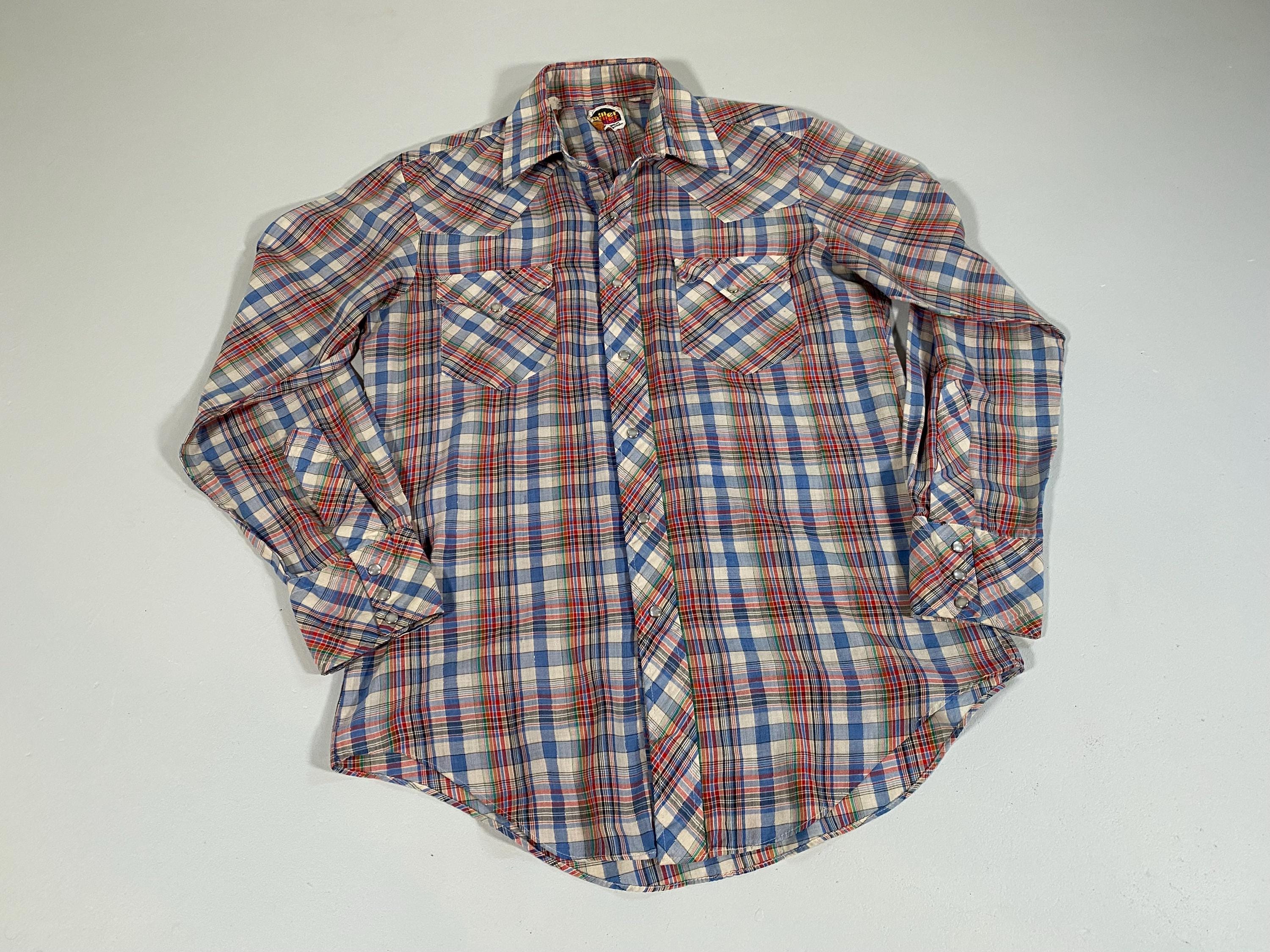 Chemise Vintage Miller Western Wear Homme – Grand Plaid Bleu, Pression Perle, Années 90