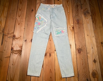Vintage jaren 90 GROTE SCHADE patchwork denim jeans / jaren 1990 maximalisme / pastel popart broek / 27 x 30