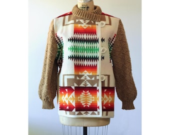 Vintage 80s OOAK Hand Knit Chief Joseph Wool Blanket Jacket Boho Southwestern S