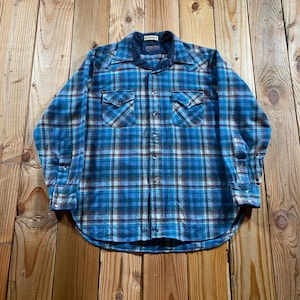 Vintage 70s Pendleton High Grade Western Wear Pearl Snap Wool Flannel Shirt - Blue Plaid, Large