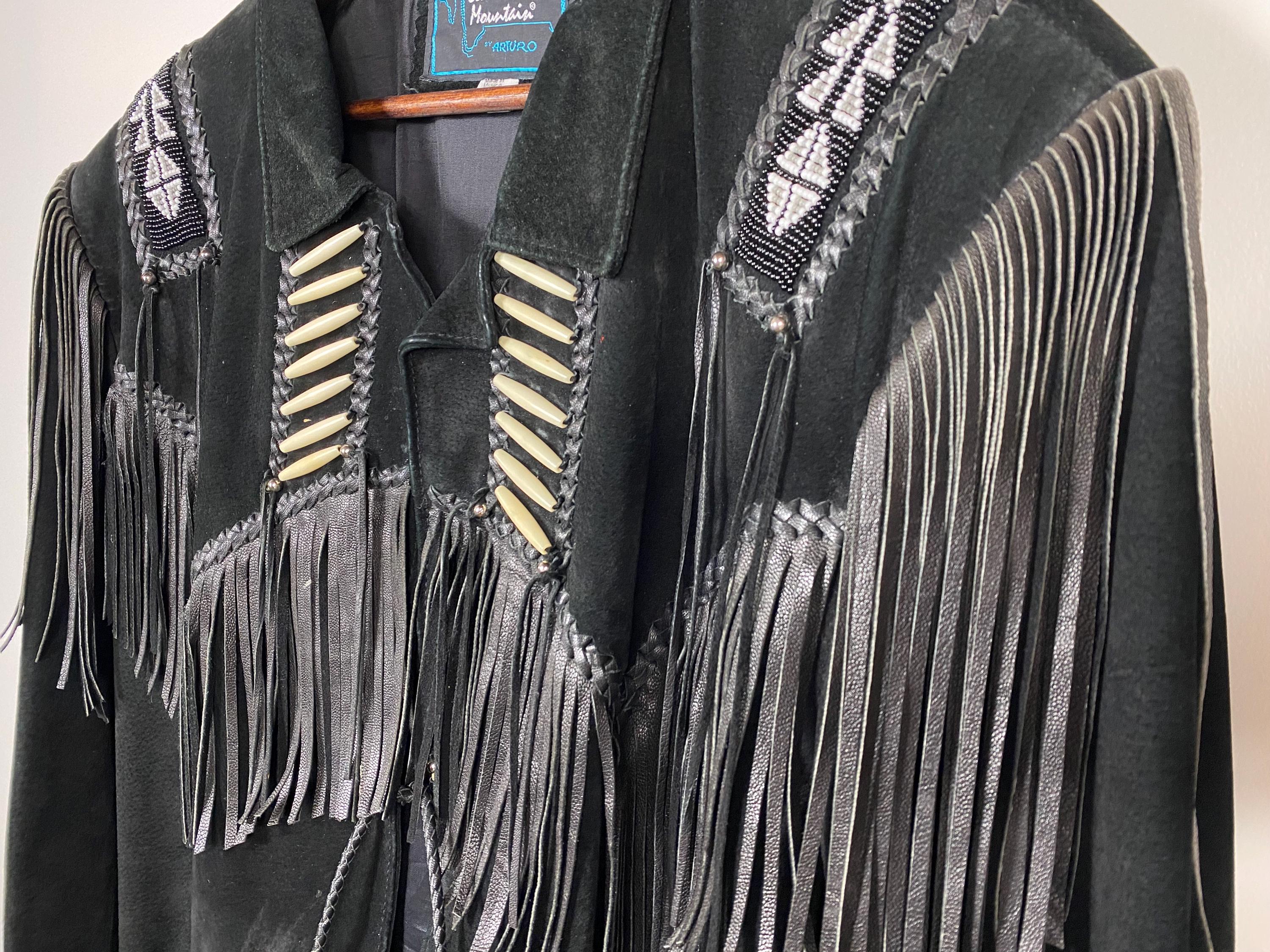 Vintage 90s Echo Mountain Black Suede Fringe Leather Jacket