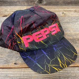 Vintage Embroidered Neon Crinkle Nylon Snapback Hat | PEPSI | 1980s 1990s | All Over Print