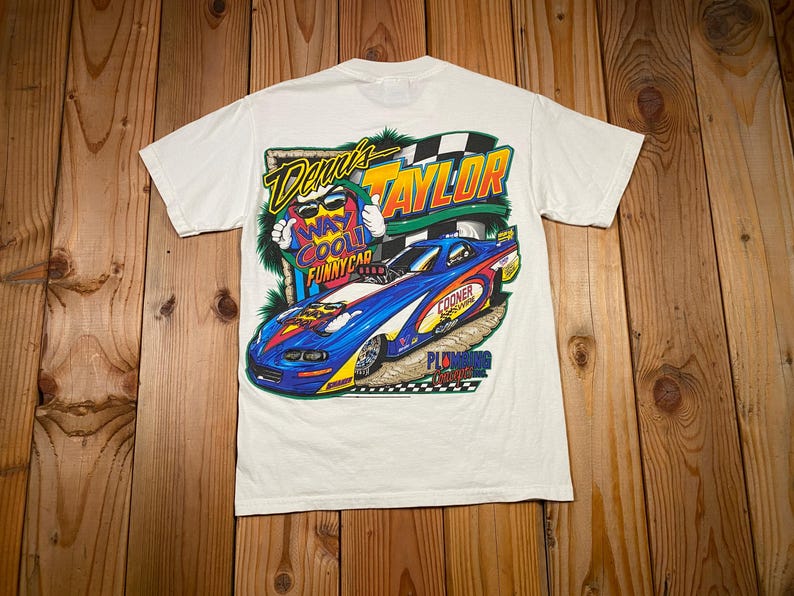 Vintage 90-tals NHRA Dennis Taylor Way cool rolig bil dragracing t-shirt, Hanes Beefy-T herrstorlek S bild 1