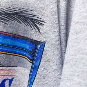 May include: Close-up of a gray sweatshirt with a blue and yellow graphic print of a palm tree and a car. The graphic has a faded look and there is a small brown stain on the fabric.
