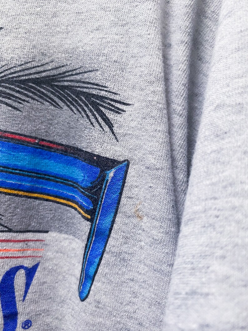 May include: Close-up of a gray sweatshirt with a blue and yellow graphic print of a palm tree and a car. The graphic has a faded look and there is a small brown stain on the fabric.