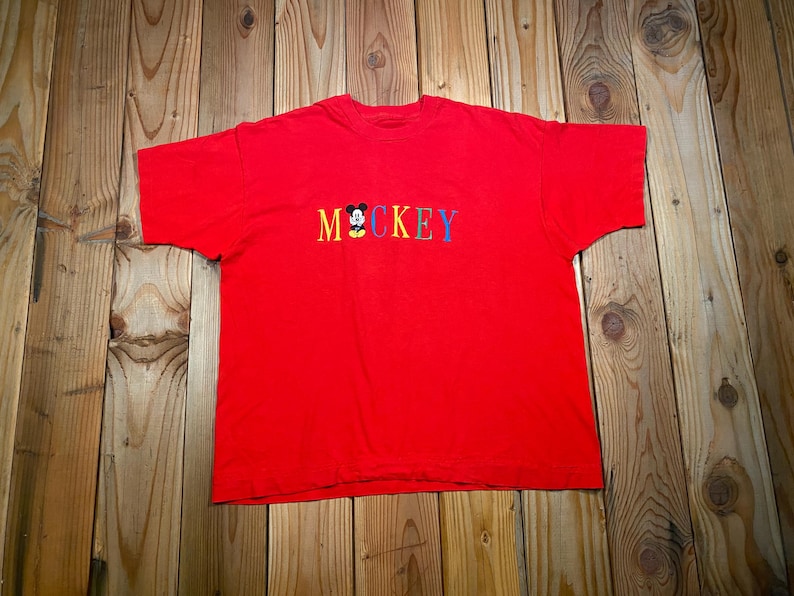 Vintage 1990s Red Embroidered Multi-Color Mickey Mouse T-Shirt, Oversized XL Single Stitch image 1