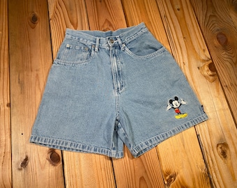 Pantaloncini di jeans vintage anni '90 Disney Topolino a vita alta ricamati / Taglia donna 3 / Vita 24"