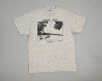 Vintage 90s Waikiki Hawaii Postcard Graphic T-Shirt, Heather Gray Cotton USA Made