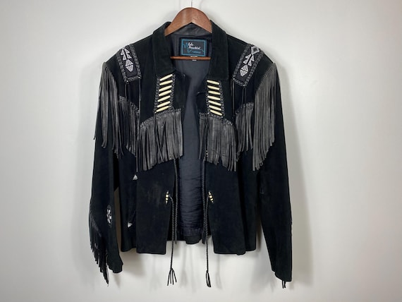Vintage Black Suede Fringe Leather Jacket Beaded Western Wear