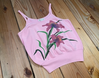 Vintage 1980s Rendez Vous Cami Top, Pink Cotton Floral Graphic Banded Waist Tank
