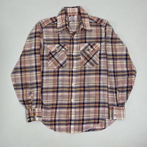 May include: A button-down plaid shirt in a neutral color palette of beige, red, navy, and yellow. The shirt has two chest pockets and a collared neckline. The long-sleeved shirt is made of a lightweight fabric.