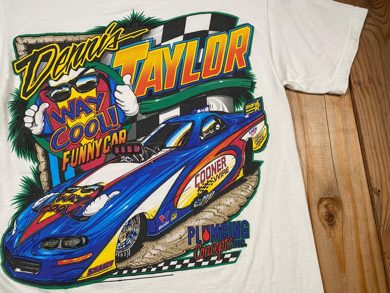 Vintage 90-tals NHRA Dennis Taylor Way cool rolig bil dragracing t-shirt, Hanes Beefy-T herrstorlek S bild 4